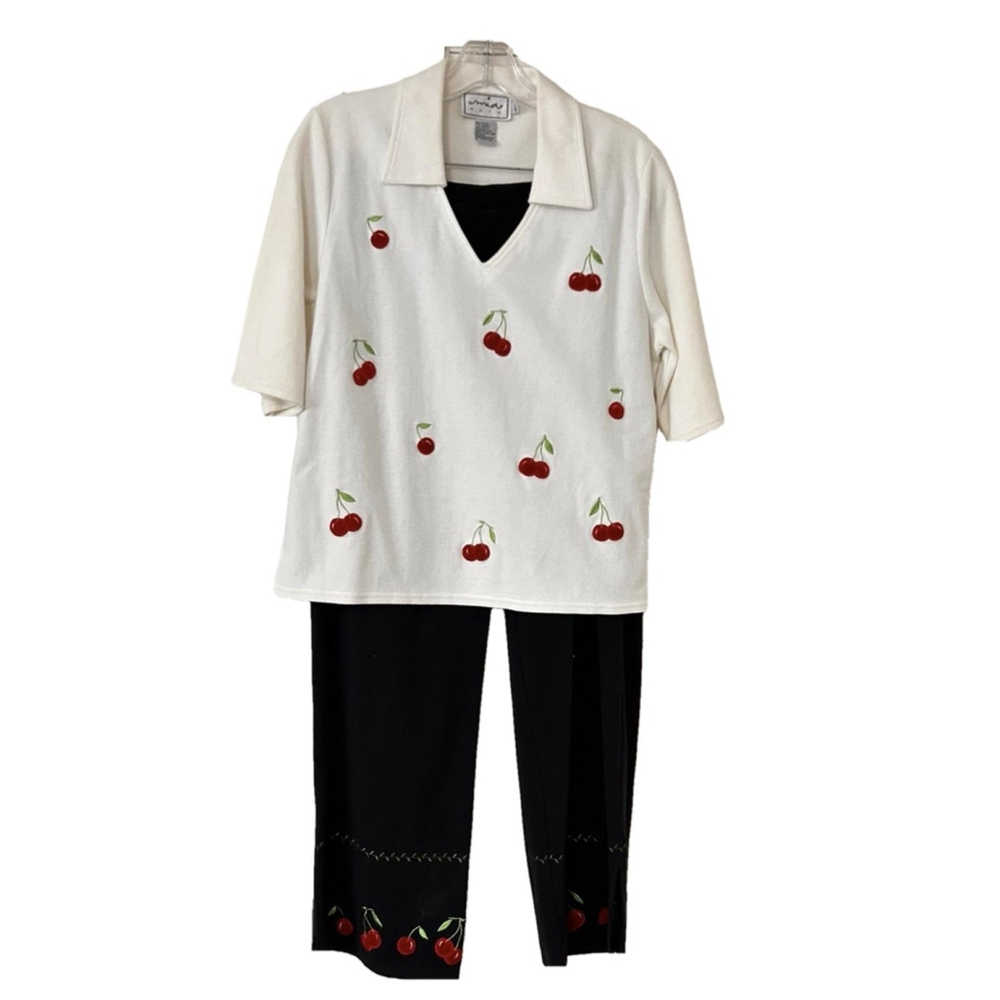 Mia Nola Vintage 90s Cherry Embroidered Two Piece Set Top L Pants M